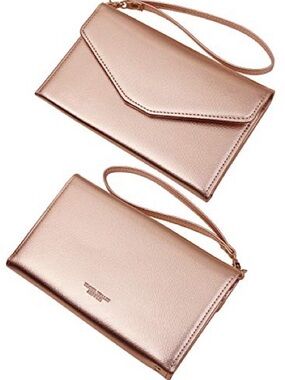 Convertible Rose Gold Wristlet Clutch - Elegant Metallic Envelope Style